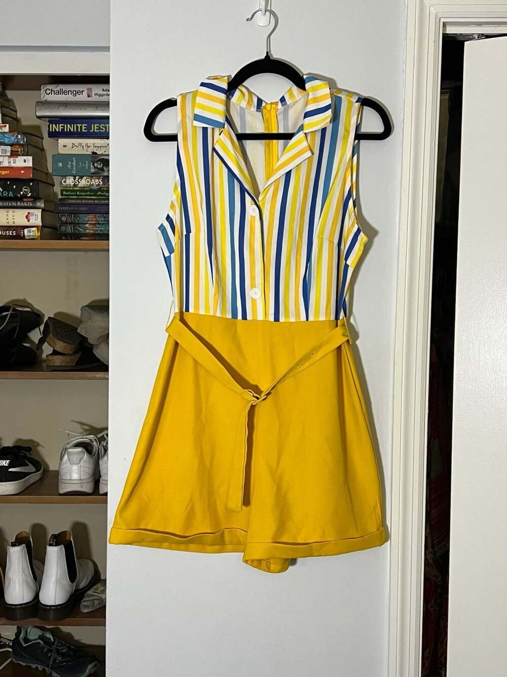 Retro Stage 1950s Yellow White Blue Striped Lapel Romper - Picture 2 of 6